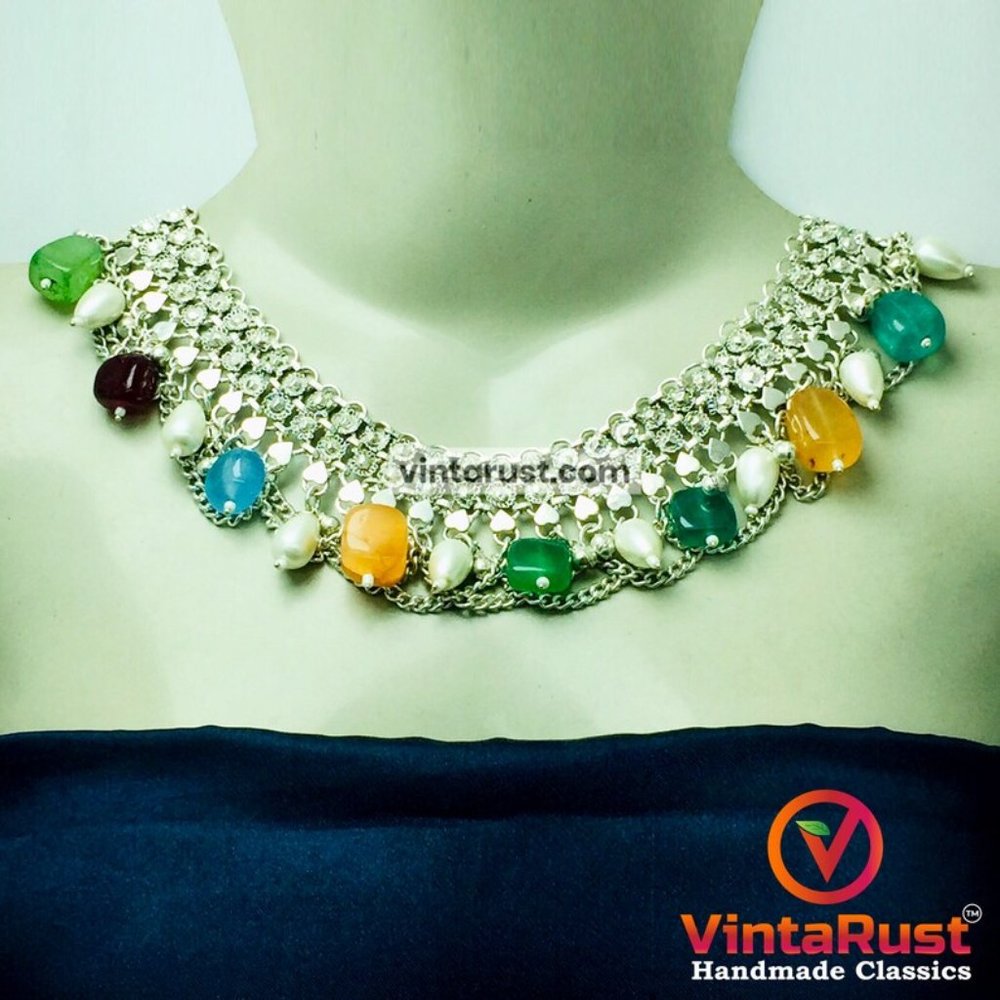 Silver Kuchi Choker Necklace With Multicolor Stones and Pearls